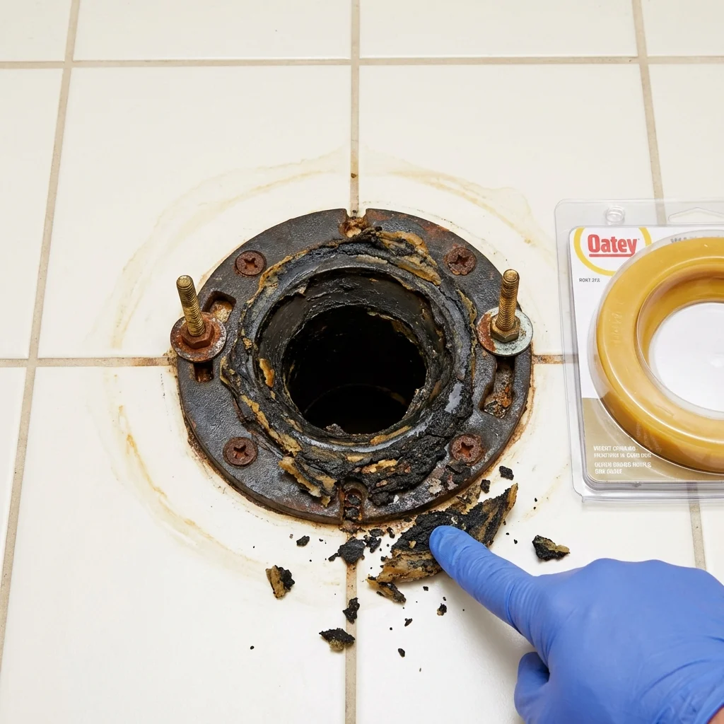 Failed wax ring showing water seepage at the base of a toilet in a Randolph, WI home