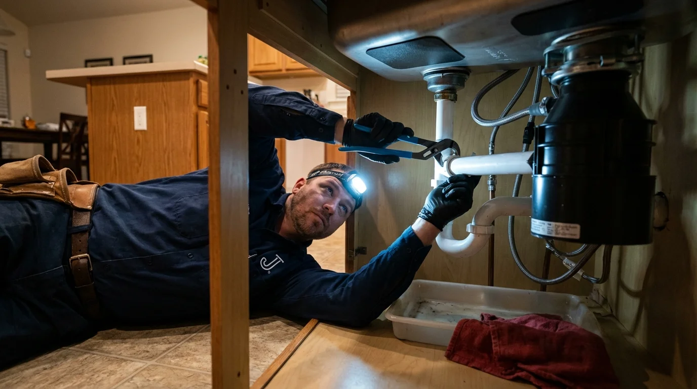 P-trap and supply line connections under a kitchen sink showing a common leak point in Randolph, WI